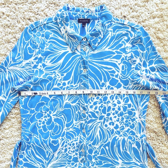 Talbots Blue and White Floral Stretch Shirtdress, Size Large - Picture 11 of 13